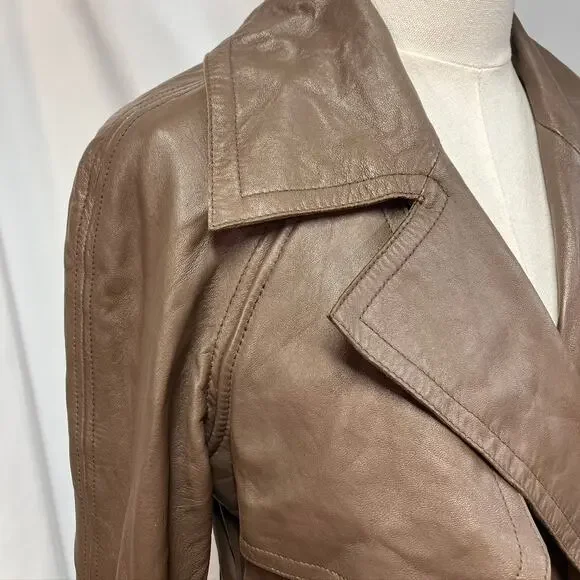 Bebe‎ Leather Brown Belted Trench Coat Womens Medium 70's Spring Steampunk